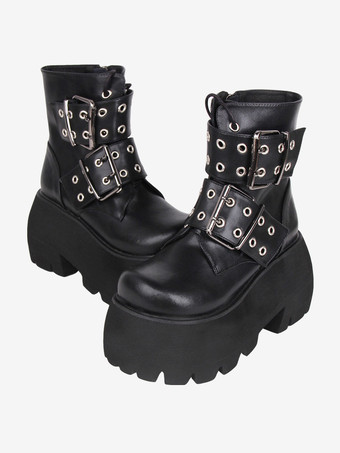 ゴスロリブーツ ブラック PU ラウンドトゥ PU レザー ロリータ靴