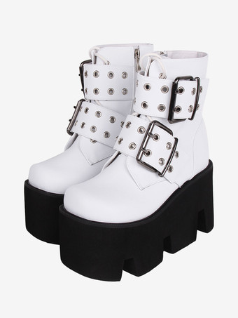 ホワイト ゴスロリブーツ PU レザー PU ラウンドトゥ ホワイト ロリータ靴