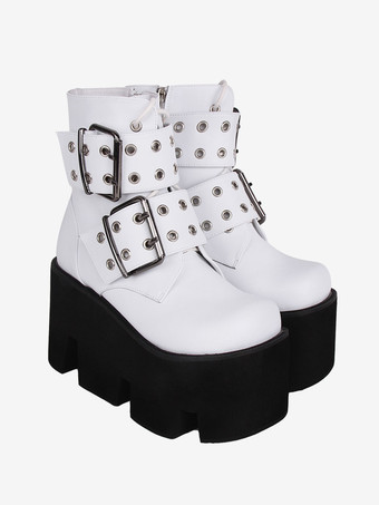 ゴスロリブーツ PU レザー PU ラウンドトゥ ホワイト ロリータ靴