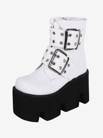 ゴスロリブーツ PU レザー PU ラウンドトゥ ホワイト ロリータ靴