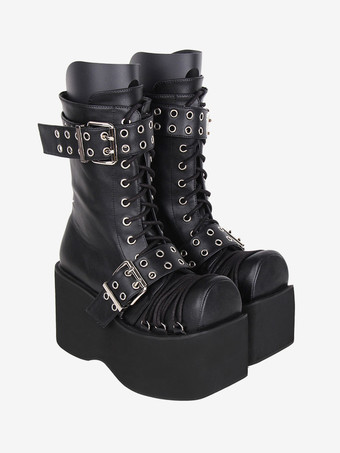 ゴスロリブーツ PU レザー PU ラウンドトゥ バーガンディ ロリータ靴