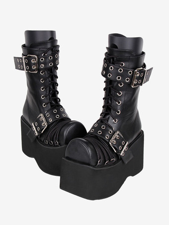 ゴスロリブーツ PU レザー PU ラウンドトゥ バーガンディ ロリータ靴