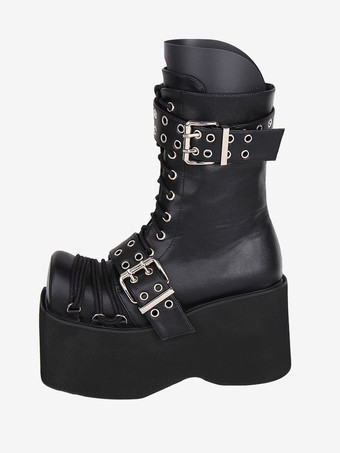 ブラック ゴスロリブーツ PU レザー PU ラウンドトゥ バーガンディ ロリータ靴