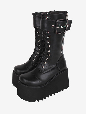 ゴスロリブーツ ブラック PU ラウンドトゥ PU レザー ロリータ靴