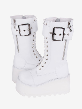 ゴスロリブーツ ブラック PU ラウンドトゥ PU レザー ロリータ靴