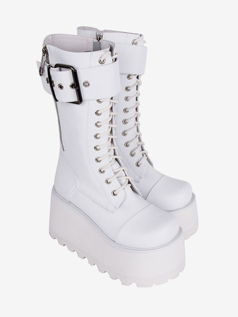 ゴスロリブーツ ブラック PU ラウンドトゥ PU レザー ロリータ靴