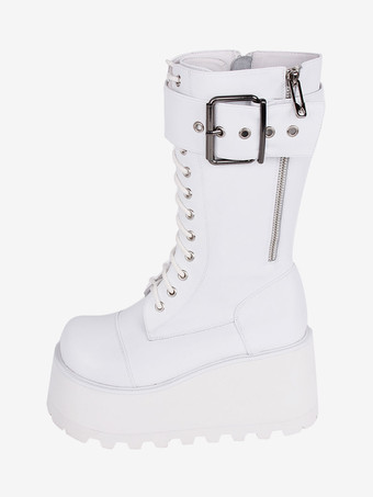 ホワイト ゴスロリブーツ ブラック PU ラウンドトゥ PU レザー ロリータ靴