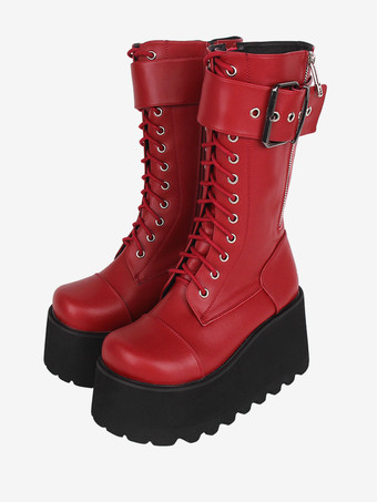 ゴスロリブーツ ブラック PU ラウンドトゥ PU レザー ロリータ靴