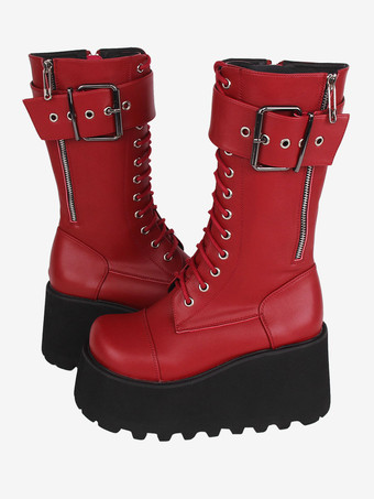 ゴスロリブーツ ブラック PU ラウンドトゥ PU レザー ロリータ靴