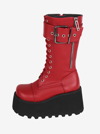 バーガンディーゴスロリブーツ ブラック PU ラウンドトゥ PU レザー ロリータ靴