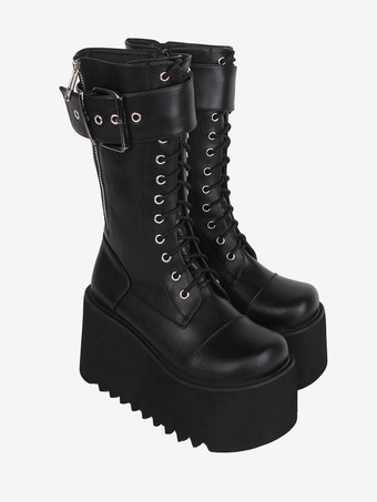 ゴスロリブーツ ブラック PU ラウンドトゥ PU レザー ロリータ靴