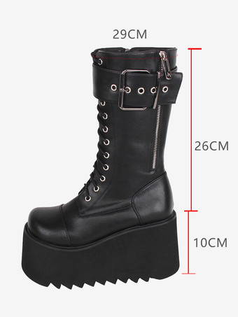 ゴスロリブーツ ブラック PU ラウンドトゥ PU レザー ロリータ靴