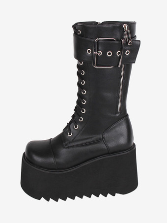 ブラック ゴスロリブーツ ブラック PU ラウンドトゥ PU レザー ロリータ靴