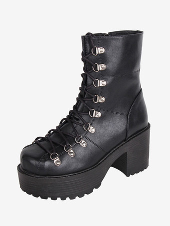 ゴスロリブーツ ブラック PU ラウンドトゥ PU レザー ロリータ靴