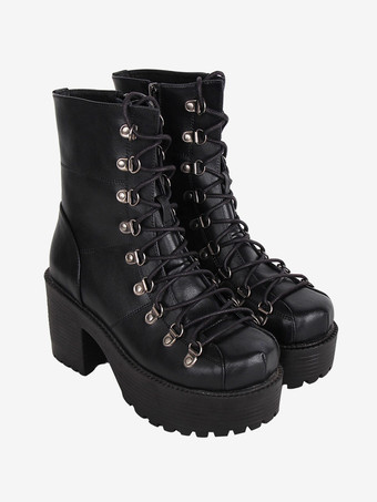 ゴスロリブーツ ブラック PU ラウンドトゥ PU レザー ロリータ靴