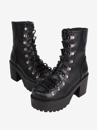 ゴスロリブーツ ブラック PU ラウンドトゥ PU レザー ロリータ靴