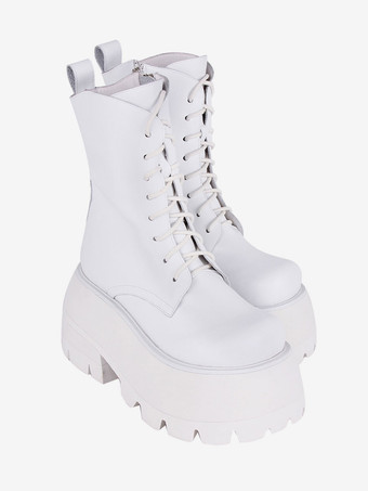 ゴスロリブーツ PU レザー PU ラウンドトゥ ホワイト ロリータ靴