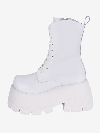 ホワイト ゴスロリブーツ PU レザー PU ラウンドトゥ ホワイト ロリータ靴