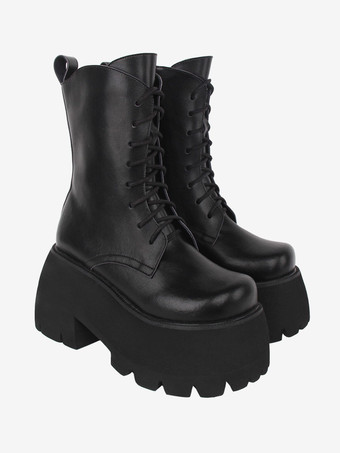 ゴスロリブーツ PU レザー PU ラウンドトゥ ホワイト ロリータ靴