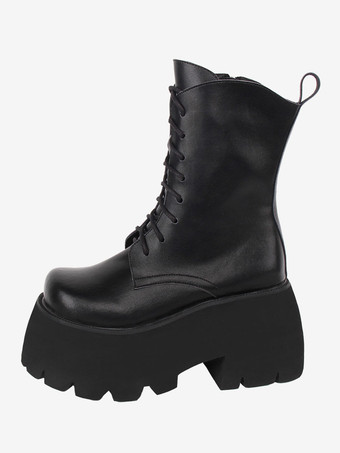 ブラック ゴスロリブーツ PU レザー PU ラウンドトゥ ホワイト ロリータ靴