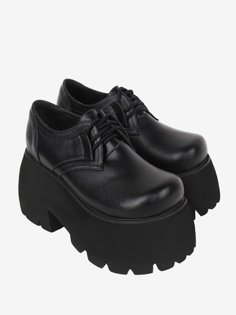 ゴスロリブーツ ブラック PU ラウンドトゥ PU レザー ロリータ靴