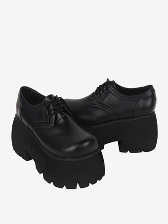 ゴスロリブーツ ブラック PU ラウンドトゥ PU レザー ロリータ靴