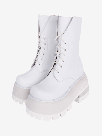 ゴスロリブーツ PU レザー PU ラウンドトゥ ホワイト ロリータ靴