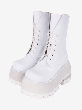 ホワイト ゴスロリブーツ PU レザー PU ラウンドトゥ ホワイト ロリータ靴