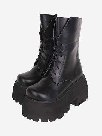 ブラック ゴスロリブーツ PU レザー PU ラウンドトゥ ホワイト ロリータ靴