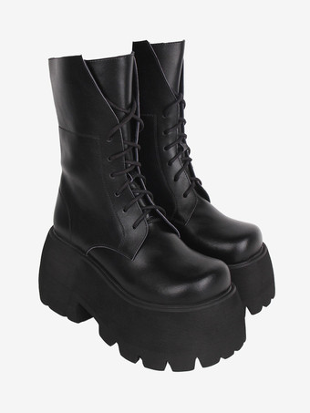 ゴスロリブーツ PU レザー PU ラウンドトゥ ホワイト ロリータ靴