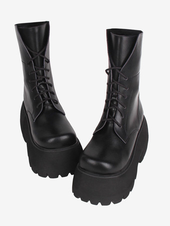 ゴスロリブーツ PU レザー PU ラウンドトゥ ホワイト ロリータ靴