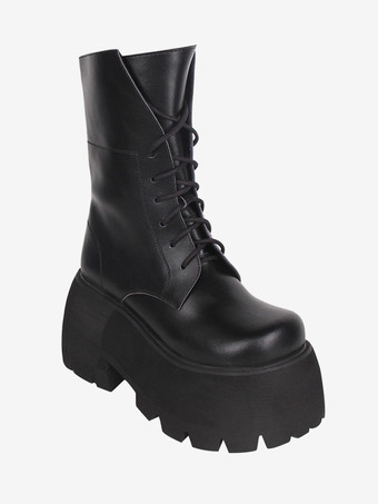 ゴスロリブーツ PU レザー PU ラウンドトゥ ホワイト ロリータ靴