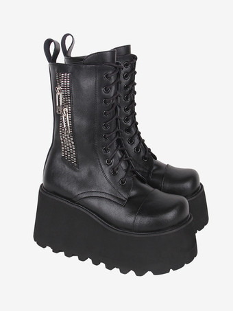 ゴスロリブーツ ブラック PU ラウンドトゥ PU レザー ロリータ靴