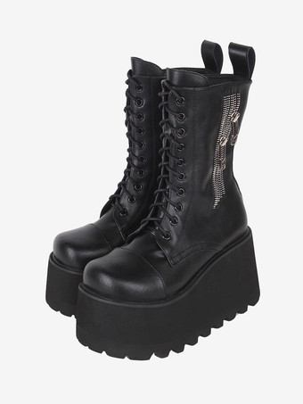 ブラック ゴスロリブーツ ブラック PU ラウンドトゥ PU レザー ロリータ靴