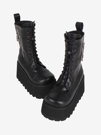 ゴスロリブーツ ブラック PU ラウンドトゥ PU レザー ロリータ靴