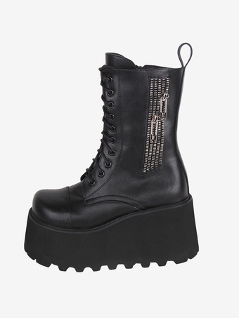 ゴスロリブーツ ブラック PU ラウンドトゥ PU レザー ロリータ靴