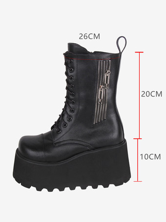 ゴスロリブーツ ブラック PU ラウンドトゥ PU レザー ロリータ靴