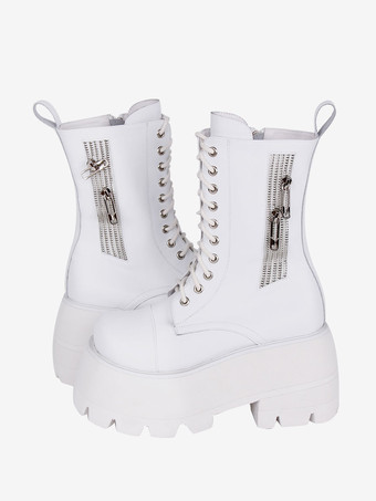 ゴスロリブーツ ホワイト PU ラウンドトゥ PU レザー ロリータ靴