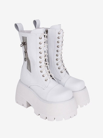 ゴスロリブーツ ホワイト PU ラウンドトゥ PU レザー ロリータ靴