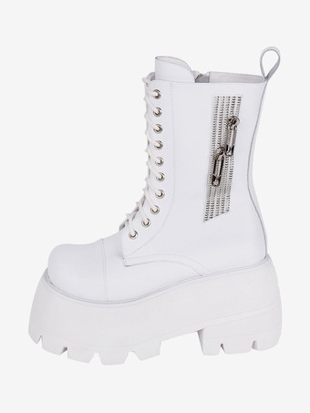 ホワイト ゴスロリブーツ ホワイト PU ラウンドトゥ PU レザー ロリータ靴