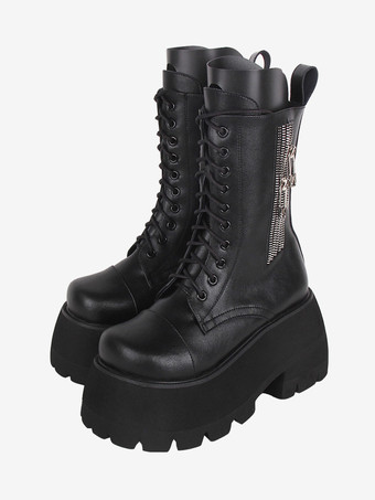 ブラック ゴスロリブーツ ホワイト PU ラウンドトゥ PU レザー ロリータ靴