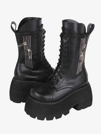 ゴスロリブーツ ホワイト PU ラウンドトゥ PU レザー ロリータ靴