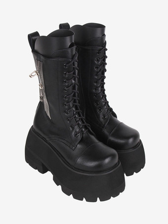 ゴスロリブーツ ホワイト PU ラウンドトゥ PU レザー ロリータ靴