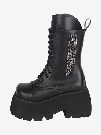 ゴスロリブーツ ホワイト PU ラウンドトゥ PU レザー ロリータ靴