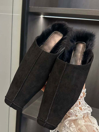 negro Zapatos planos de mulas de invierno con punta cuadrada de ante para mujer