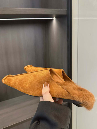 Zapatos planos de mulas de invierno con punta cuadrada de ante para mujer