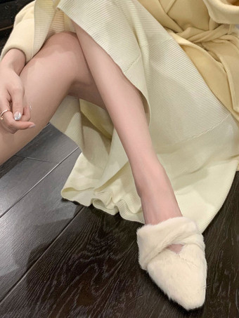 Ecru WhiteWomen's Mule Loafers Pointed Toe Faux Fur Detail Mules