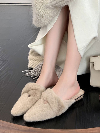 Women's Mule Loafers Pointed Toe Faux Fur Detail Mules