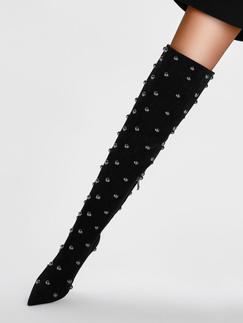 セクシーなオーバーザニーブーツ レディース スエード アッパー カットアウト ハイヒール サイハイブーツ