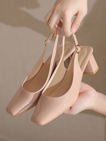 レディース ブロックヒール パンプス スクエアトゥ スリングバック ヒール